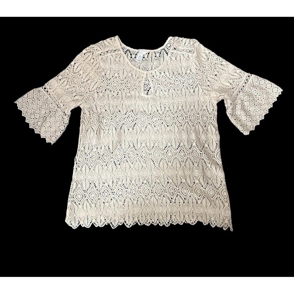 EST 1946 L Large Cream Crochet Knit Open Weave Bell Sleeve Boho Tunic Top